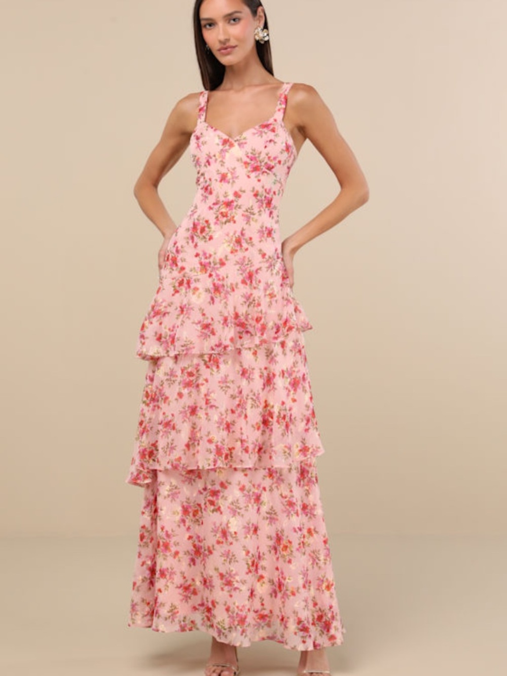 Lulus Laurette Pink Floral Tiered Sleeveless Maxi Dress - Size S